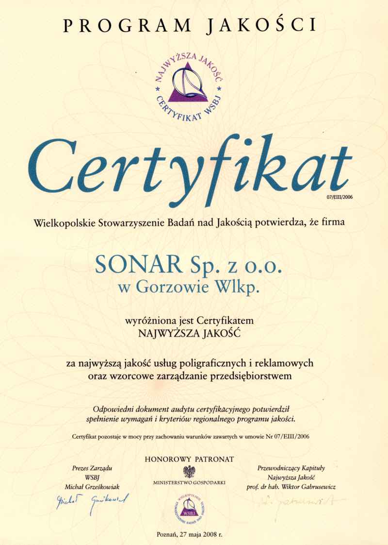 Certyfikat Najwyższa jakość materiałów poligraficznych