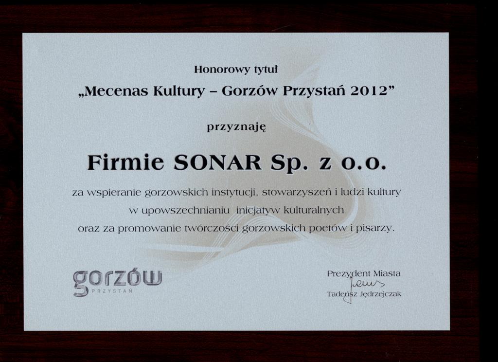 Gorzów przystań -Dyplom Mecenasa kultury